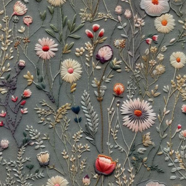 Panel dětský metr na zeď / nepromokavý polyester vyšívané luční květiny potisk šedá Antonia