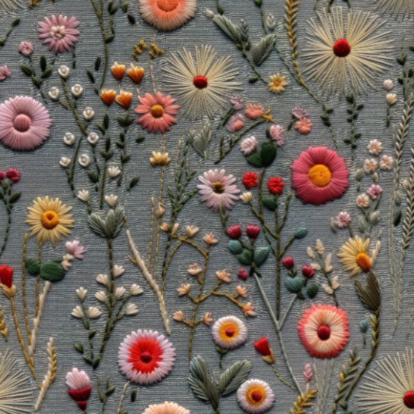 Polyesterový gabarden/Rongo vyšívané luční květiny potisk šedá Antonia