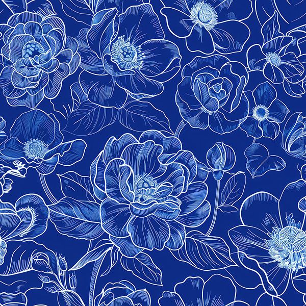 Látka s potiskem nepromokavý polyester TD/NS květiny imitace modrotisku