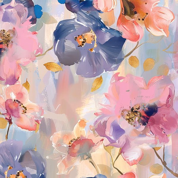 Lesklý satén elastický jarní květiny pastel malovaný