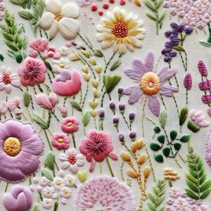 Imitace bavlny vyšívané květiny potisk Violet
