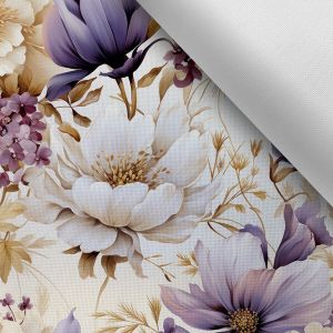 Látka s potiskem nepromokavý polyester TD/NS fialové květy Vilma