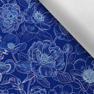Látka s potiskem nepromokavý polyester TD/NS květiny imitace modrotisku MAXI vzor