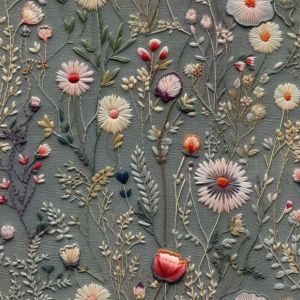 2. Třída - Oděvní strečový samet vyšívané luční květiny potisk šedá Antonia